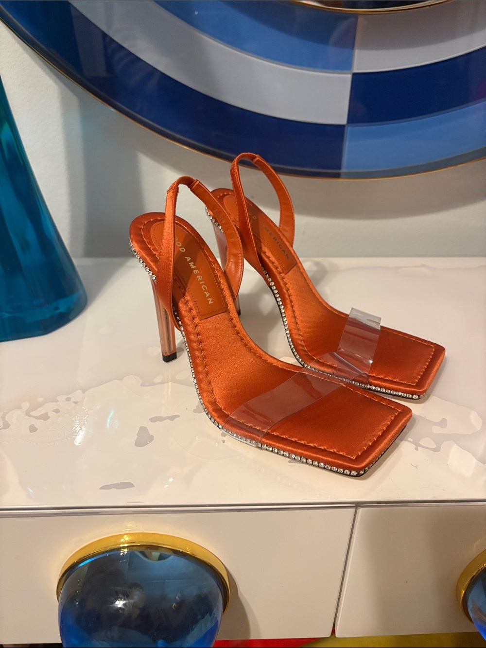 Good American Vibrant Orange Satin Slingback Heels with Rhinestone Trim